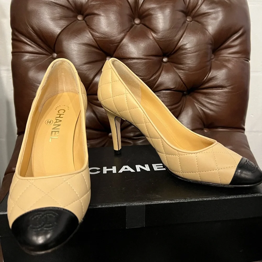 Chanel Quilted Beige Leather Pumps Black Cap Toe CC Logo 36